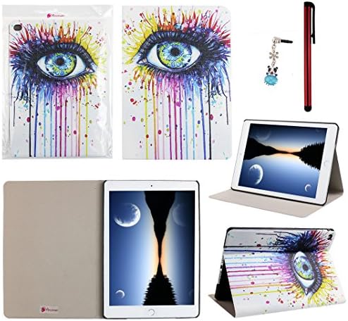 Ancerson® PU Leather Case for Apple iPad Air 2 (iPad 6) 9.7" Colorful Printed Ultra Slim Protective Flip Folio Folding Stand Pouch Shell Skin Free with a Red Stylus Touchscreen Pen, a 3.5mm Universal Crystal Diamond Rhinestones Bling Lovely Silvery Flower Blue Panda Pendant Dust Plug (Ink Painting Hot Pink Purple Blue Yellow Eye Eyelash)