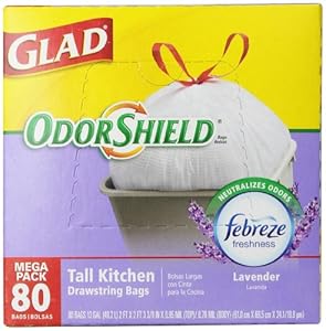 Glad OdorShield Tall Kitchen Drawstring Trash Bags, Lavender, 13 Gallon, 80 Count