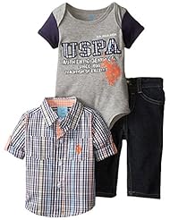 Apparel: U.S. Polo Assn. Baby-Boys Newborn 3 Piece Set Denim Jean Plaid Shirt and T-Shirt, Classic Navy, 12 Months - US Polo Assn. Children's Apparel