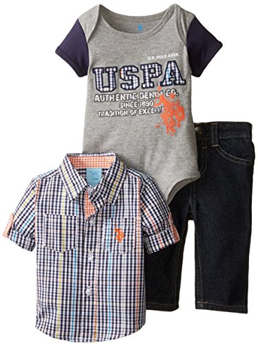 U.S. Polo Assn. Baby-Boys Newborn 3 Piece Set Denim Jean Plaid Shirt and T-Shirt