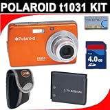 Polaroid t1031 10.0 MP Digital Camera - (Orange) with 'Spare Battery for the t1031' with 4GB Secure Digital Memory Card + Small Camera Case