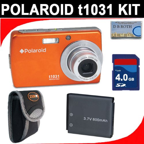Polaroid t1031 10.0 MP Digital Camera - (Orange) with 'Spare Battery for the t1031' with 4GB Secure Digital Memory Card + Small Camera Case