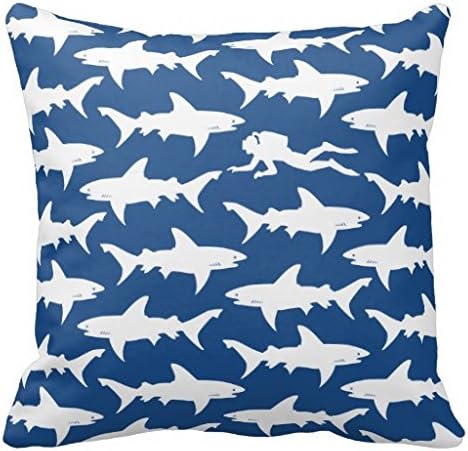Crazy Diver Swimming in Middle of School of Sharks Pillows Cover 18x18" Bedroom Decorative Throw Pillow Case