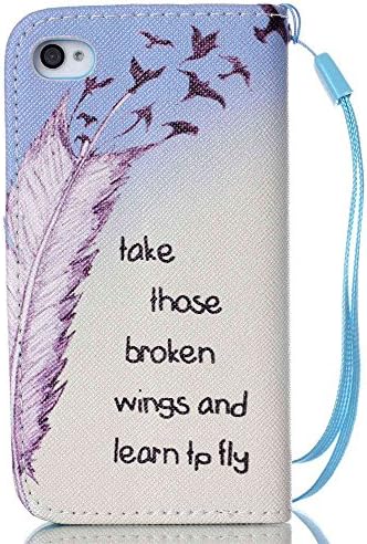 iPhone 4 4S Wallet Case, "Feathers float in the sky" pattern ATQ® Stand Wallet Leather Case Magnetic Wallet Pouch with Luxury Hang Rope Wrist Strap and Built In Kickstand For iPhone 4 4S