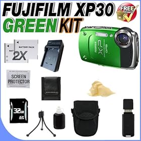 Fujifilm FinePix XP30 14 MP Waterproof Digital Camera with Fujinon 5x Optical Zoom Lens and GPS Geo-Tagging Function (Green) W/32GB SDHC Memory Card + 2 Extended Life LI40B Batteries + Ac/Dc Rapid Charger + Deluxe Case w/Strap + USB Card Reader + Memory Card Wallet + Accessory Saver Bundle!