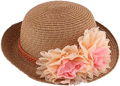 FINEJO Summer Fashion Baby Girl Half a Flanging Straw Hat Beach Sun Cap with Two Flowers Khaki