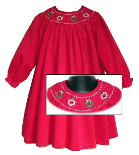 Rare Editions Girls 2T-6X RED WREATH EMBROIDERED SMOCKED BISHOP Special Occasion Christmas Holiday Party Dress