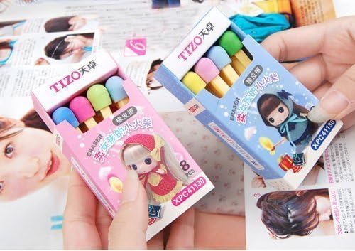 Kawaii Tizo 8 Colours Matches Sticks Eraser in Blue or Pink Box by Funartonline