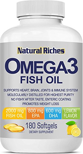 Omega 3 Fish Oil Supplement from Natural Riches, 180 Softgel Capsules - Lemon Flavor, Essential Fatty Acids, Triple Strength, Burpless, 800mg EPA, 600mg DHA 100 % Natural