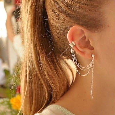 1pc Punk Silver 3-Rows Chain Tassel Leaf Charm Metallic Ear Stud Wrap Cuff Earring (Color: Silver)