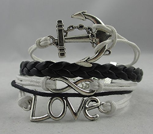 BlueTop(TM) Silver Infinity Anchor Love Charms Leather Knit Bracelet White Black
