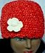 Hand Crocheted 100% Rayon Red Color Chenille and Rayon Cotton Gimp Skull Cap for Women and Teens Trimmed with Ivory Velvet Flower Image