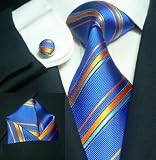 Landisun 531 Bright Blue Orange Stripes Mens Silk Tie Set: Tie+Hanky+Cufflinks