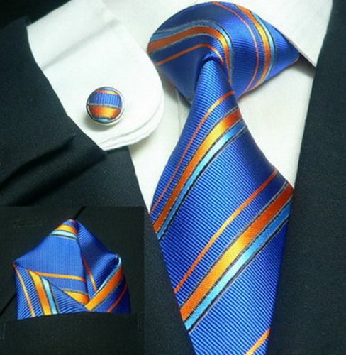 Landisun 531 Bright Blue Orange Stripes Mens Silk Tie Set: Tie+Hanky+Cufflinks