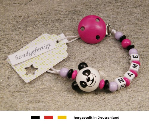 Baby SCHNULLERKETTE mit NAMEN | Schnullerhalter mit Wunschnamen – Mädchen Motiv Panda Bär in pink