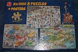 Jan Van Haasteren 3 X 1000 puzzles + posters (Ice Hockey, In The Car Respraying Shop, Camping Chaos)