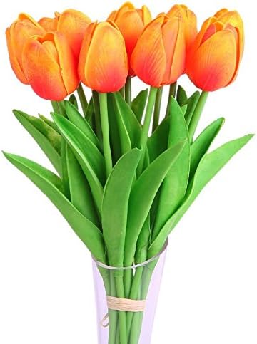 Feeto 10pcs Artificial Silk Flower Holland Mini Tulips Real Touch Flowers Bouquet for Wedding Party Room Hotel Decoration (Orange)