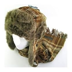 New Faux Fur Plaid Trooper Pilot Ski Hat Scarf Set Brown Medium Large