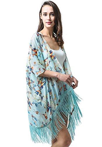 MissShorthair Women's Light Floral Print Chiffon Kimono Cardigan Coverup Blouse Tops