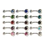Lot of 15 Double Gem Real Cubic Zirconia CZ Crystal Belly Navel Rings - 15 Colors, Gauge 14g or 1.6mm, Length 7/16" or 11mm
