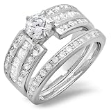 2.00 CT Classic Sterling Silver Ladies Round Princess Cubic Zirconia CZ Wedding Bridal Engagement Ring with Matching Band Set (Available in size 6, 7, 8)