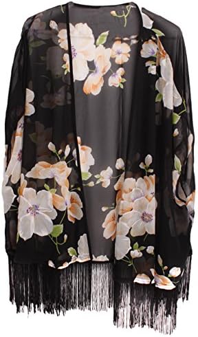 Heng Song - Women's Vintage Floral Tassel Chiffon Casual Top Kimono Cardigan