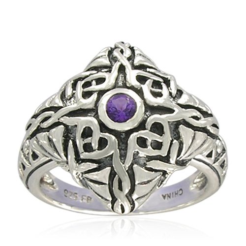 Sterling Silver Celtic Round-Shaped Amethyst Ring, Size 5