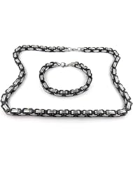 Jewelry: Mens Stainless Steel Mechanic Bracelet Necklace Link Byzantine Chain Set Black and Silver Color - Yeidid International
