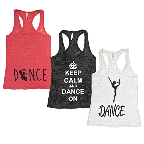 Beachcoco Women's Burnout Tank Top 3 Pack Deal Dance Printed Top (XL, Black / White / Coral)