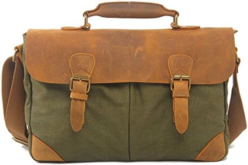 Samic® Handmade Retro Canvas Leather Messenger Bag Fit For 14" Laptop (Army Green)