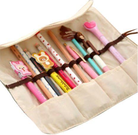 Sharinna(TM)New Cute 4pcs Different Colors of Pastorable Roll Up Canvas Pen Bag Pencil Case Bag Cosmetic Makeup Bag Pouch Pocket for Girls Boys Students Women Lady
