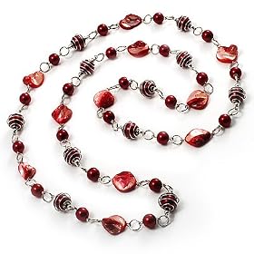 Red Long Shell Composite & Pearl Style Bead Silver Tone Necklace (110cm)