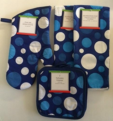 Summer Party Polka-Dots Kitchen Linen Set (1 Mit, 2 Pot Holders & 2 Towels) All Matching (Blue Polka Dot)