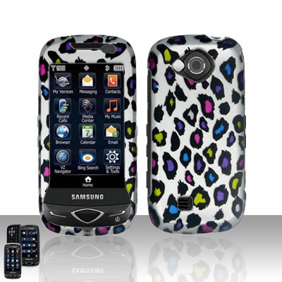 cell phone, Black with Silver Blue Pink Orange Purple Pink Green Leopard Spots Rubber Texture Samsung U820 Reality Snap on Cell Phone Case + Retail Package