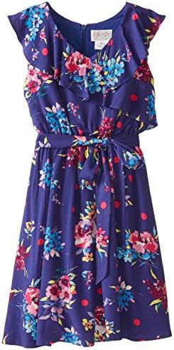 Blush by Us Angels Big Girls' Ruffle Front Printed Dress, Navy, 12