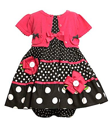 Bonnie Jean Baby/INFANT 12M-24M 3-Piece FUCHSIA-PINK BLACK WHITE TIERED TRIPLE DOT PRINT Special Occasion Party Dress/Sweater Set