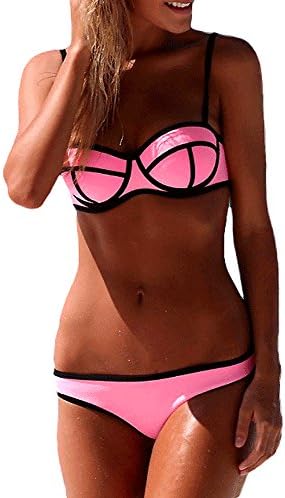 Bosewin Push up Bright Diving Suit Neoprene Padded Bikini Set Swimsuit Swimwear S (US Size 4-6) Pink