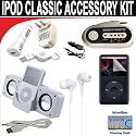 10 pc. Accessory kit for iPod Classic 70/120/160GB. Includes White portable stereo speaker w/cable 3-in-1 iPod charging kit (1000mAH) Car FM Transmitter w/power cable White Mini soft Earbuds Reusable Pre-Cut Screen Protector and a DBROTH Microfiber Cleaning Cloth