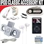 10 pc. Accessory kit for iPod Classic 70/120/160GB. Includes White portable stereo speaker w/cable 3-in-1 iPod charging kit (1000mAH) Car FM Transmitter w/power cable White Mini soft Earbuds Reusable Pre-Cut Screen Protector and a DBROTH Microfiber Cleaning Cloth
