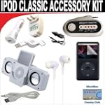 SAVE $10 - 10 pc. Accessory kit for iPod Classic 70/120/160GB. Includes White portable stereo speaker w/cable 3-in-1 iPod charging kit (1000mAH) Car FM Transmitter w/power cable White Mini soft Earbuds Reusable Pre-Cut Screen Protector and a DBROTH Microfiber Cleaning Cloth $14.99