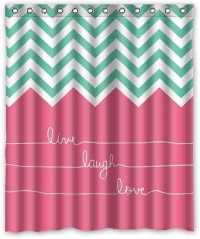 60 (W) X 72 (H) Cute Hipster Quotes Live Love Laugh In Teal And Pink Chevron Zigzag Bathroom Shower Curtain Shower Rings Included, 100% Polyester by Hot Curtain
