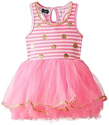 Girls Striped Print Polka Dot Print Glittering Tiered Mesh Cotton Tank Party Dress 