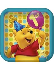 Winne the Pooh 1st Birthday Party Dinner Plates - Pooh First Birthday Square Plates - 8 Count