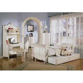 Alexandria Collection Young Girls 5PC Twin Size Sleigh Bed Trundle Group in a White Pearl... by Toscana Home Interiors