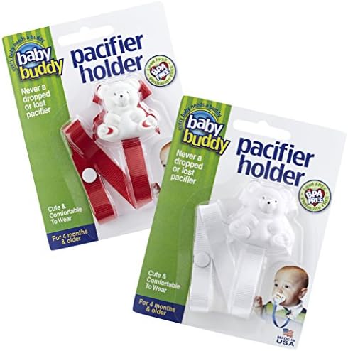 Baby Buddy Pacifier Holder Clip, Cute Fashionable Bear Clips onto Baby's Shirt, Snap to Pacifier, Rattle, Toy-For Babies 4 Months and Up-Pacifier Clip for Toddlers Boys &amp; Girls Red-White 2 Count
