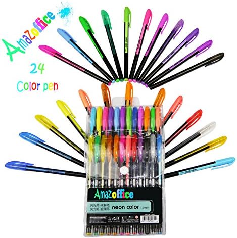 Amazoffice Gel Pens 24 Gel Ink Refills Glitter Neon and Pastel Styles Coloring and Craft Pen Set