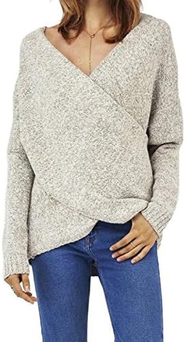 True Tried Women's Gray Criss Cross Wrap Front V Neck Long Sleeve Knit Sweater Jumper only color X-Large