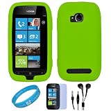 Green Soft Smooth Silicone Protective Skin Cover For T-Mobile Nokia Lumia 710 Nokia Windows Phone + Clear Screen Protector + Black Hands-free Headphones + SumacLife TM Wisdom*Courage Wristband