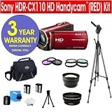 Sony HDR-CX110 HD Handycam¨ Camcorder (RED) + .45x Wide Angle Lens + 2X Telephoto Zoom Lens + +1, +2, +4, +10 4 Piece Close Up Macro Kit + 3 Piece Multi-Coated Glass Filter Kit + Extra High Capacity Li-Ion Battery + Deluxe Padded Camcorder Bag + 62 Titanium Anodized Tripod + 6 Piece Accessory Kit + 3 Year Warranty Repair Contract