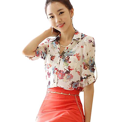 Women's Chiffon Flower Long Sleeve Summer Casual Shirt Loose Blouse
